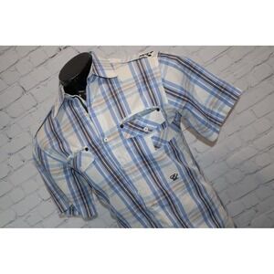 English Laundry Button Down Mens Large Blue Plaid Epaulettes Crest Cotton Blend